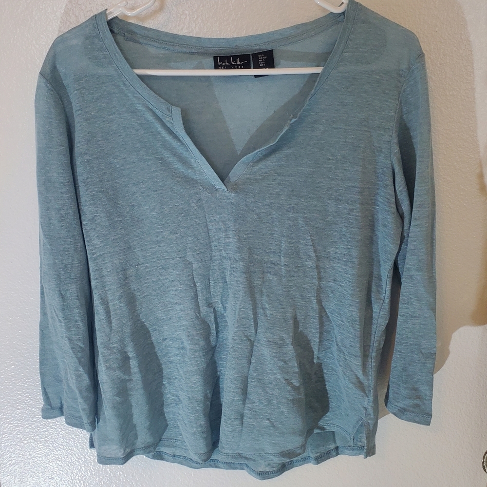 Nicole Miller | Blue White Linen Long Sleeve Lightweight